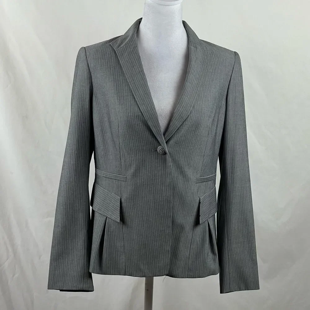 Anthropologie Etcetera Gray White Pinstriped Academia Blazer Jacket Size 4